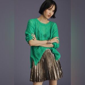 Anthropologie The Posey Stitchy Distressed Wool Cable Knit Green Sweater Size S